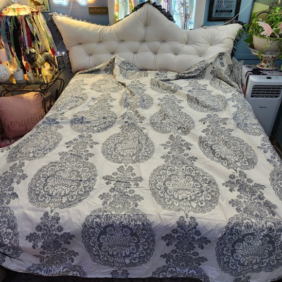 Pottery Barn Cali King Duvet Cover Gray Damask Floral‎ Organic Cotton Pineapples
